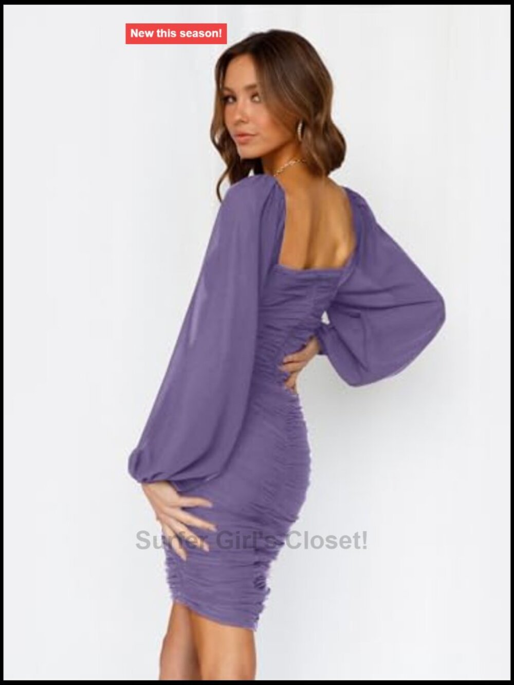 Square Neck Mesh Long Sleeve Bodycon Mini Dress Ruched - Picture 4 of 7